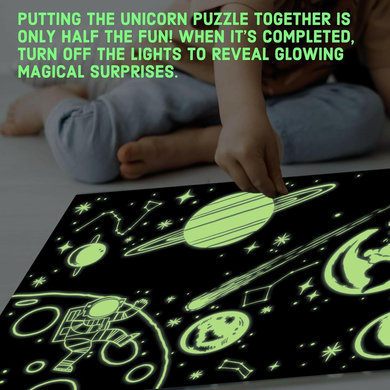 Outer Space – 100 Piece Glow in the Dark Jigsaw Puzzle with a Fun Scene of Planets and Stars and Hidden Details in the Dark.