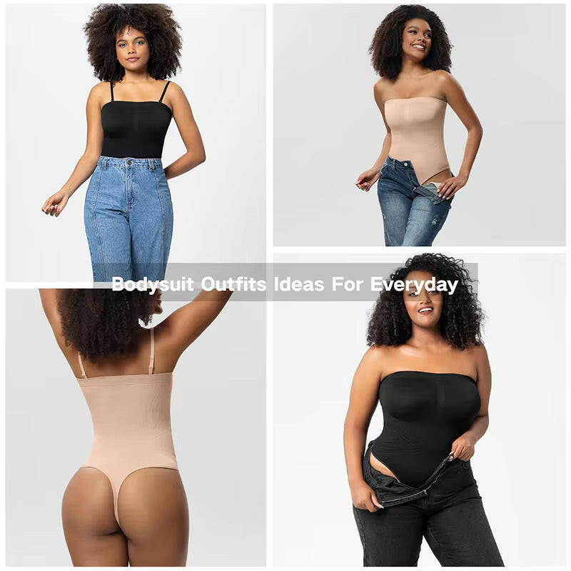 Women Strapless Bodysuit Ribbed One Piece Thong Shapewear off Shoulder Tops Leotard Removable Straps Tummy Control Body Shaper.