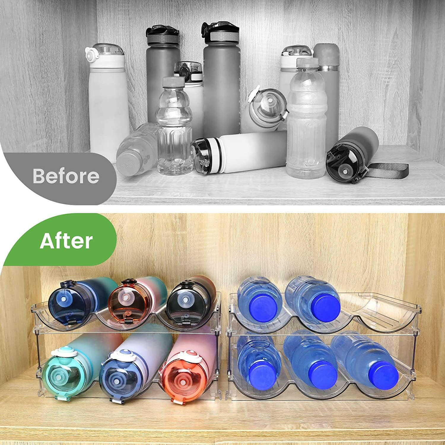 Water Bottle Organizer for Cabinet, Water Bottle Storage Organizer, 2 Packs Water Bottle Storage Rack, Water Bottle Holder for Cabinet, Stackable Water Bottle Storage Rack.