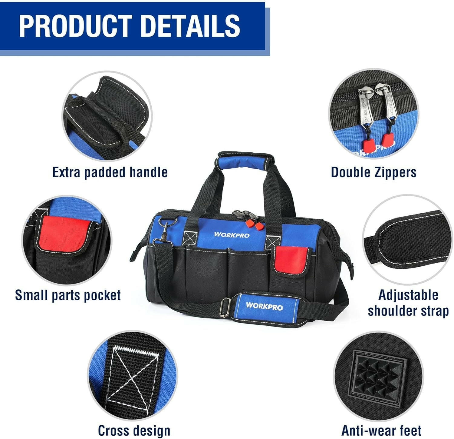 18-Inch Close Top Wide Mouth Storage Tool Bag with Adjustable Shoulder Strap, Sturdy Bottom.