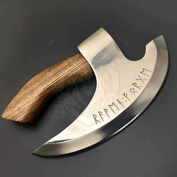 SKALDFORGE™ Pizza Cutter Axe with Sheath Ulu Pizza Knife for Kicthen & Camping Use Rocking Knife for Meat Vegetable Wooden Handle with Super Sharp Vikings Blade Meat Cleaver Knife for Slicing