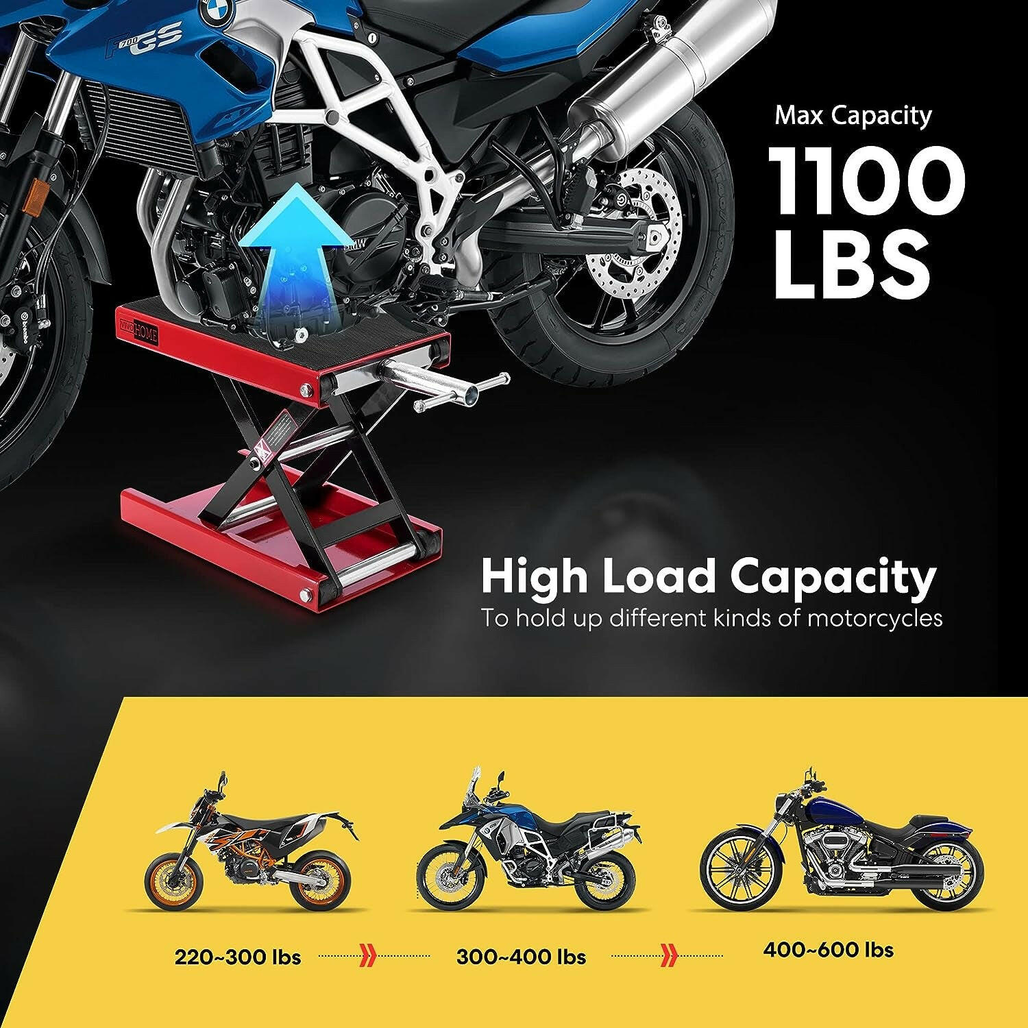Motorcycle Lift Scissor Jack Steel Wide Deck Hoist Crank Center Stand 1100 LBS Capacity for Motorcycles, Atvs, Dirt Bikes Red.