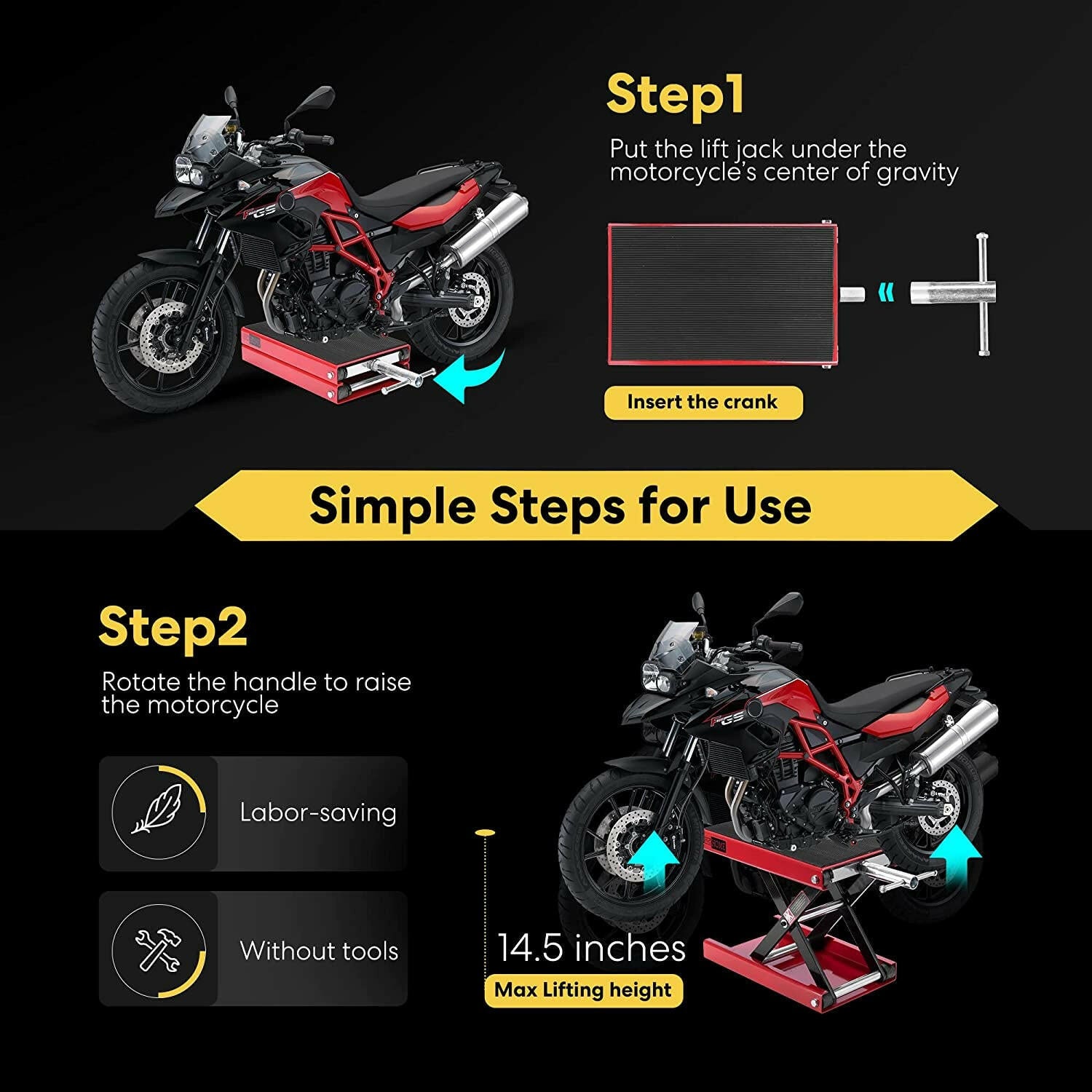 Motorcycle Lift Scissor Jack Steel Wide Deck Hoist Crank Center Stand 1100 LBS Capacity for Motorcycles, Atvs, Dirt Bikes Red.