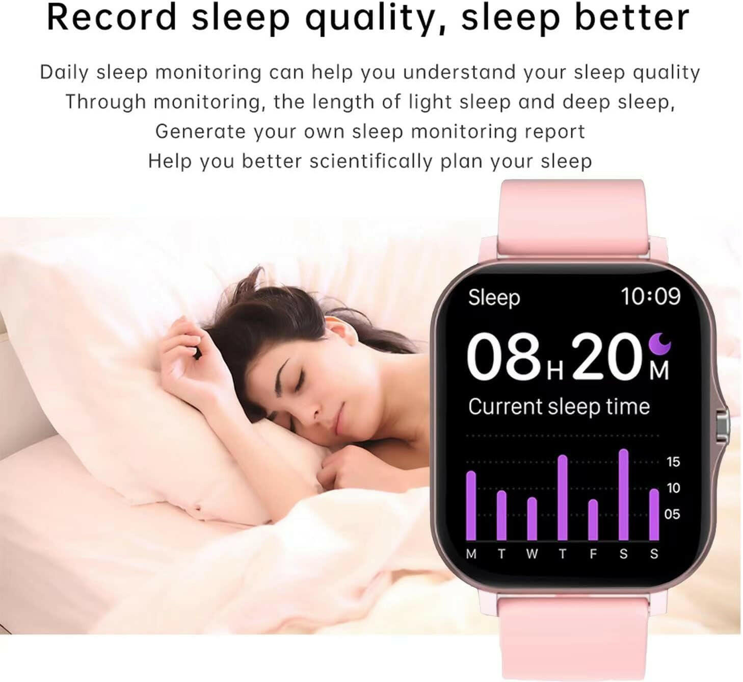 Smart Fitness Tracker Watch for Android/Ios - IP68, Heart Rate/Blood Oxygen/Sleep Monitoring, 8 Sports Modes, Breath Training, Weather Updates - 1.69-Inch Display for Men and Women (Rose Gold).