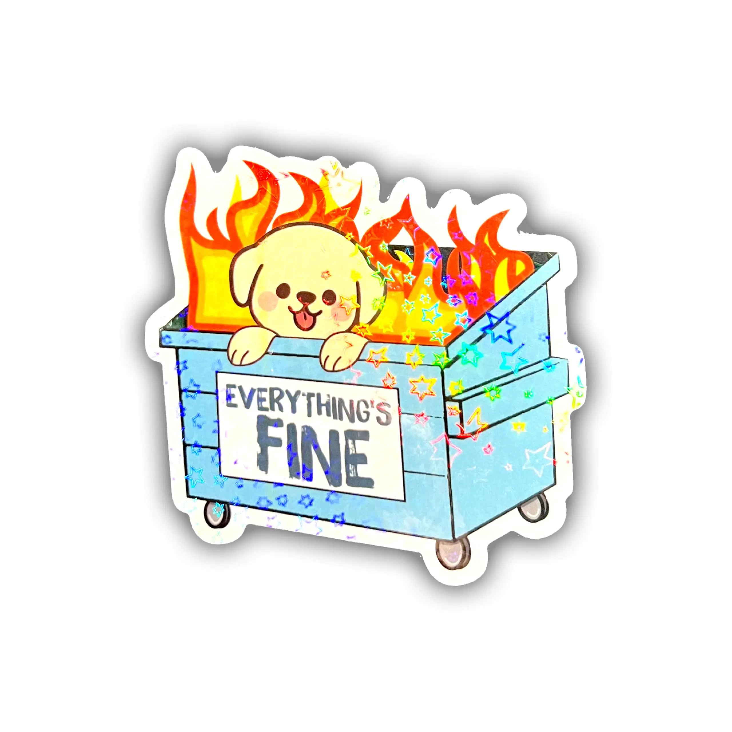 BELISMIA 3pcs Everythings Fine Holographic Stickers Cute Dumpster Fire Dog Hologrpahic Vinyl Stickers Funny Holographic Vinyl Water Assistant Sparkly Stickers for Laptop Phone Water Bottle Kindle