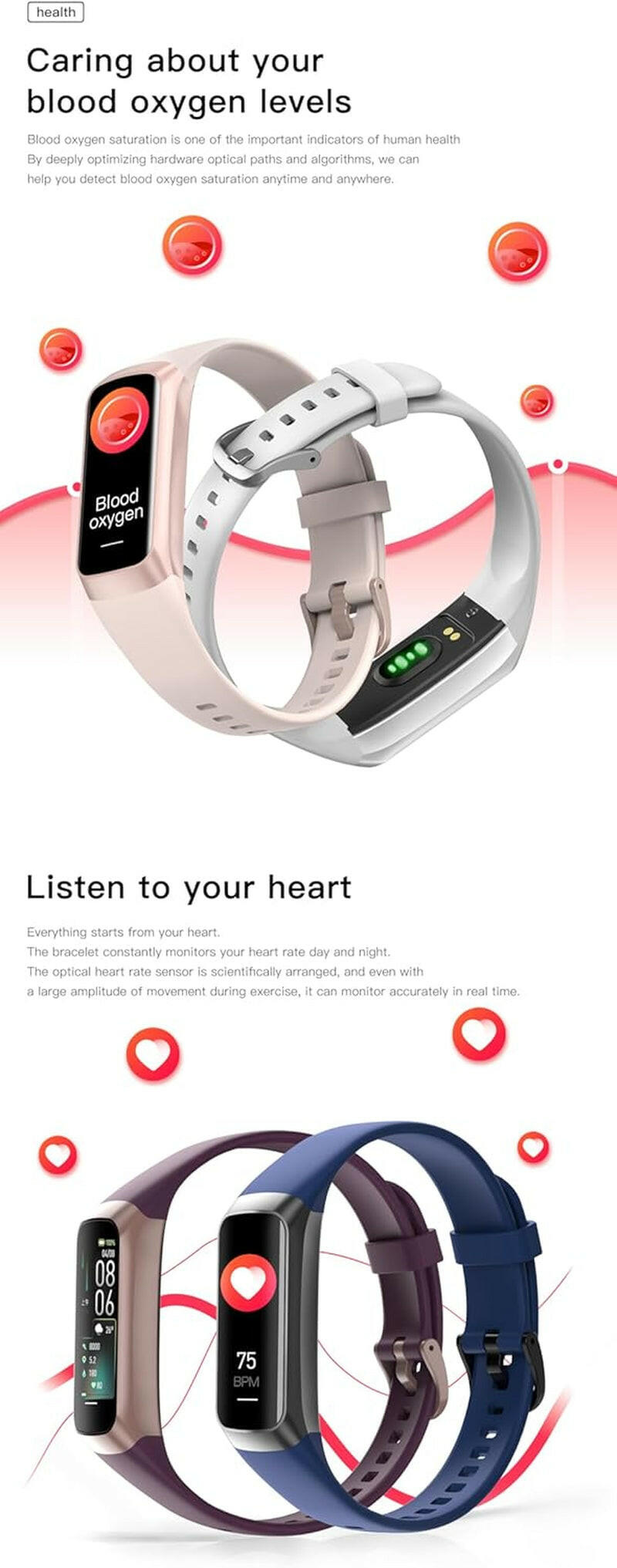 Keep Health Fitness Trackers for Women Men, Amoled Fitness Tracker for Android&Ios, Alarm Stopwatch Fitness Tracker with Blood Pressure Monitor, Calories Burned IP68 Waterproof Fitness Step Tracker.