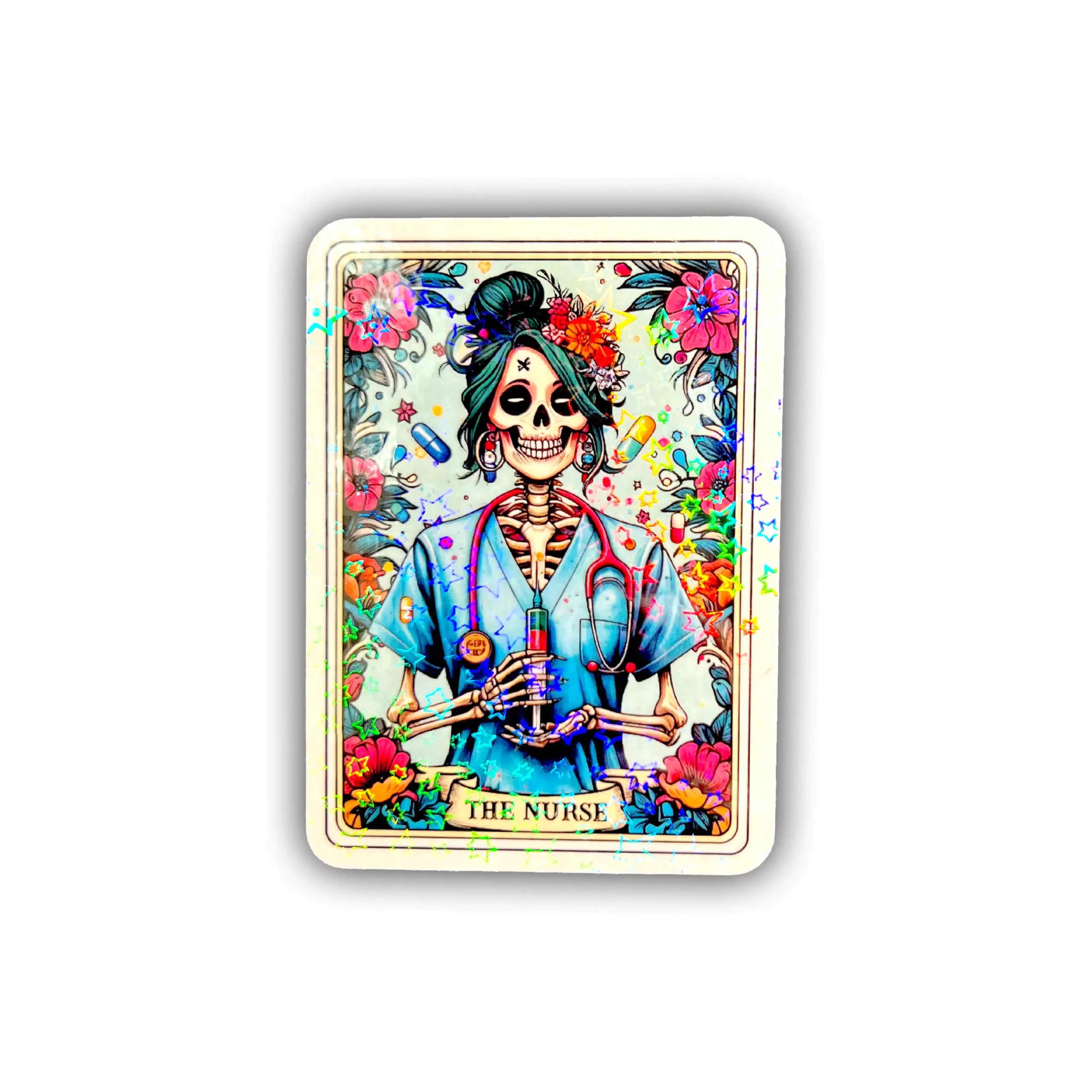 BELISMIA 3pcs The Nurse Tarot Card Holographic Stickers Nurse Skeleton Hologrpahic Vinyl Stickers Holographic Vinyl Water Assistant Sparkly Medicial Stickers for Laptop Phone Water Bottle Kindle