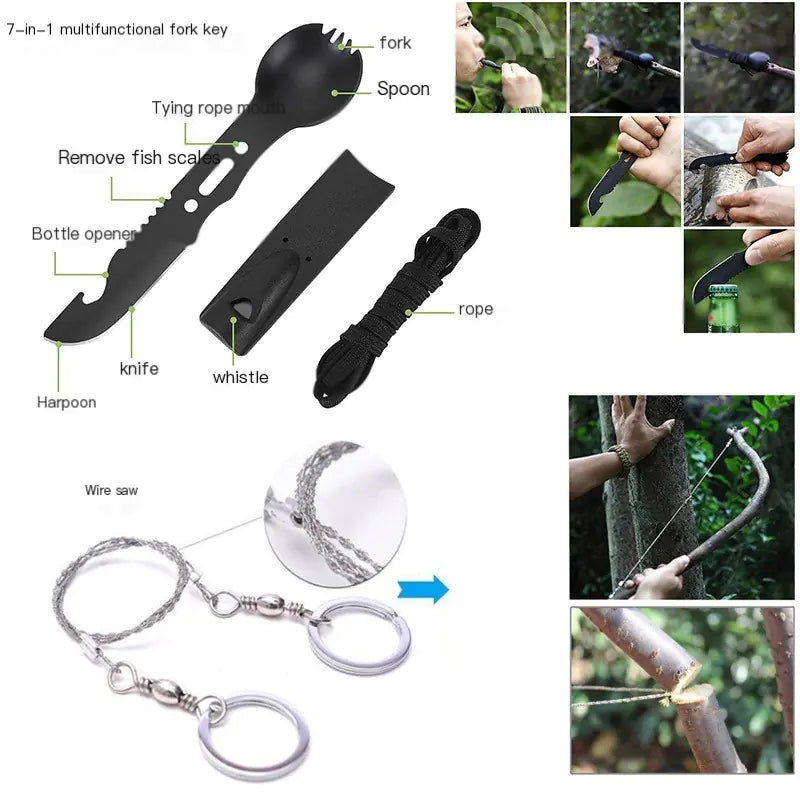 Survival Kit and First Aid Set for Outdoor Adventures.