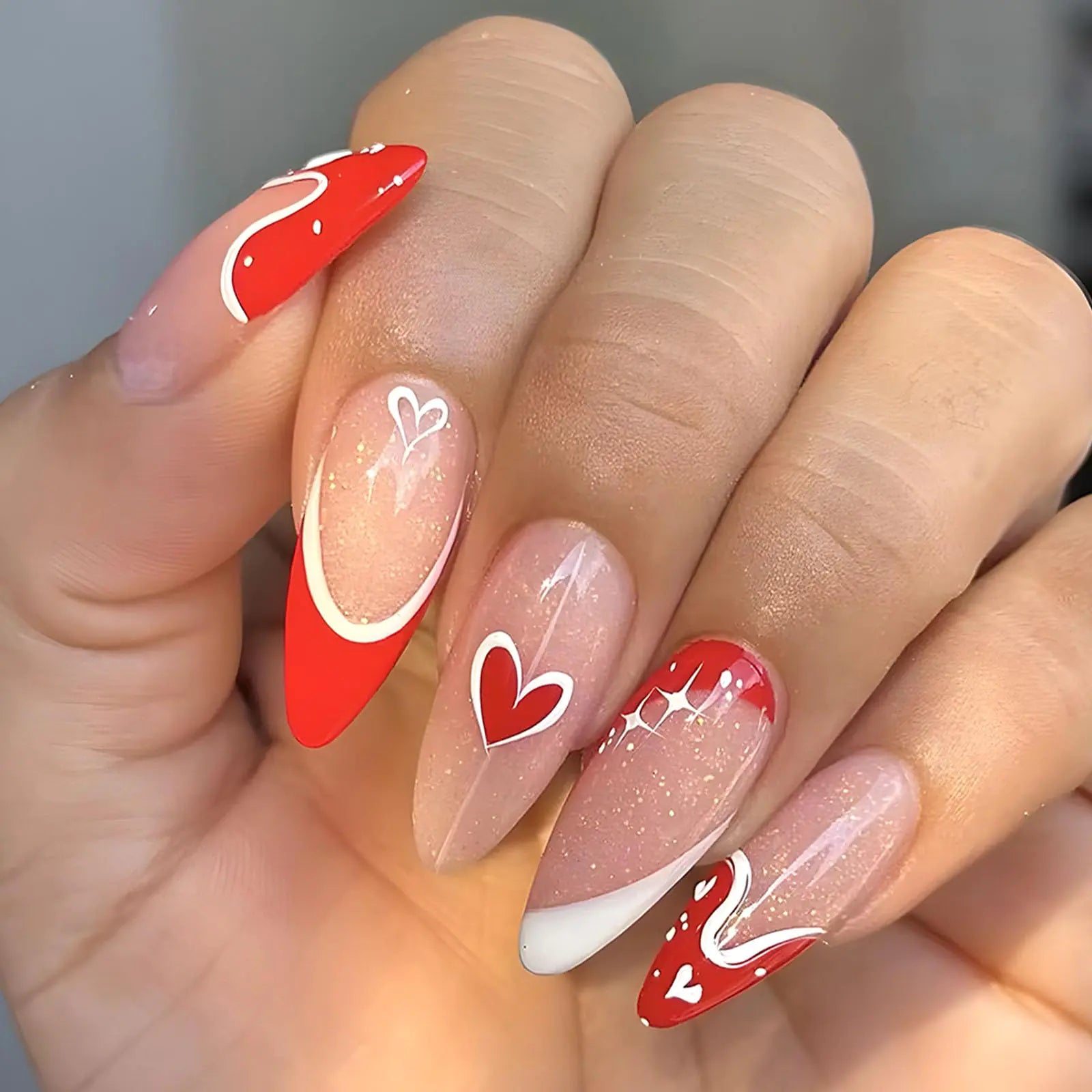 Valentines Day Press on Nails Medium Almond Fake Nails Heart Lines Design False Nails Red White French Tip Glue on Nails Glossy Nails Press ons Valentines Artificial Stick on Nails for Women 24Pcs