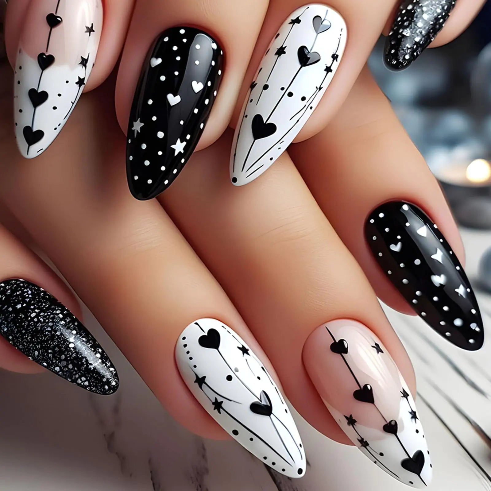 Valentines Day Press on Nails Medium Almond Fake Nails with Heart Designs White French Tip Nails Press ons Glossy Glue on Nails Black False Nails Valentines Stick on Nails for Women 24Pcs