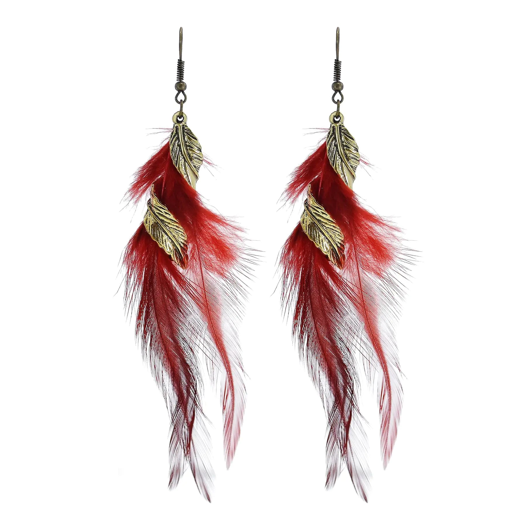 TIANHONGYAN Bohemian Handmade Natural Long Feather Dangle Earrings Vintage Boho Multicolor Tassel Feathers Dangle Drop Earrings for Women Jewelry (red)