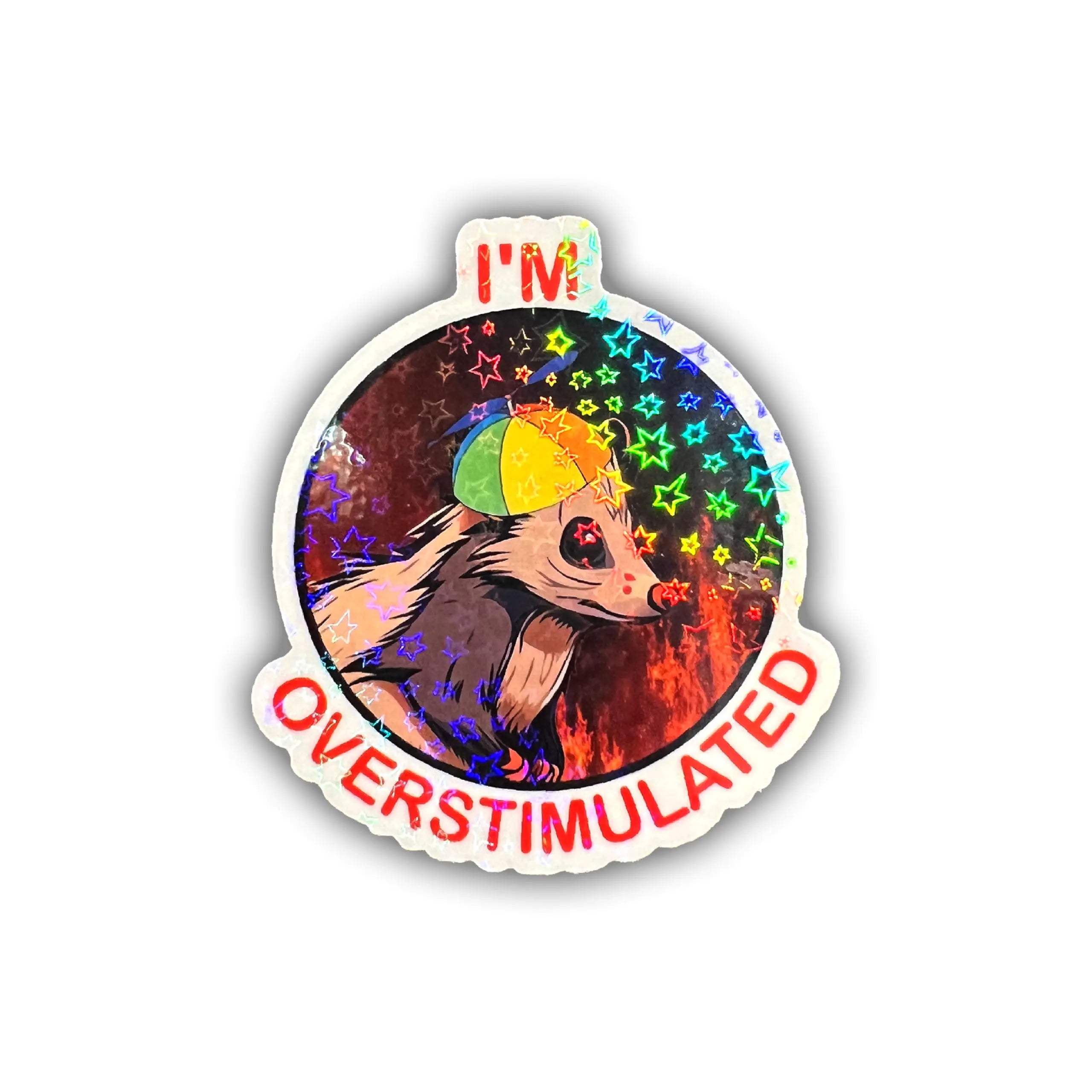 BELISMIA 3pcs Im Overstimulated Holographic Stickers Possum Hologrpahic Vinyl Stickers Neurodivergent Holographic Vinyl Water Assistant Sparkly Funny Stickers for Laptop Phone Water Bottle Kindle