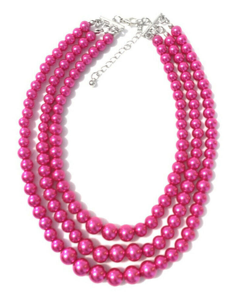 Womans Faux Pearl 3 Layer Multi Strand Gatsby Necklace Statement Bib Vintage UK.