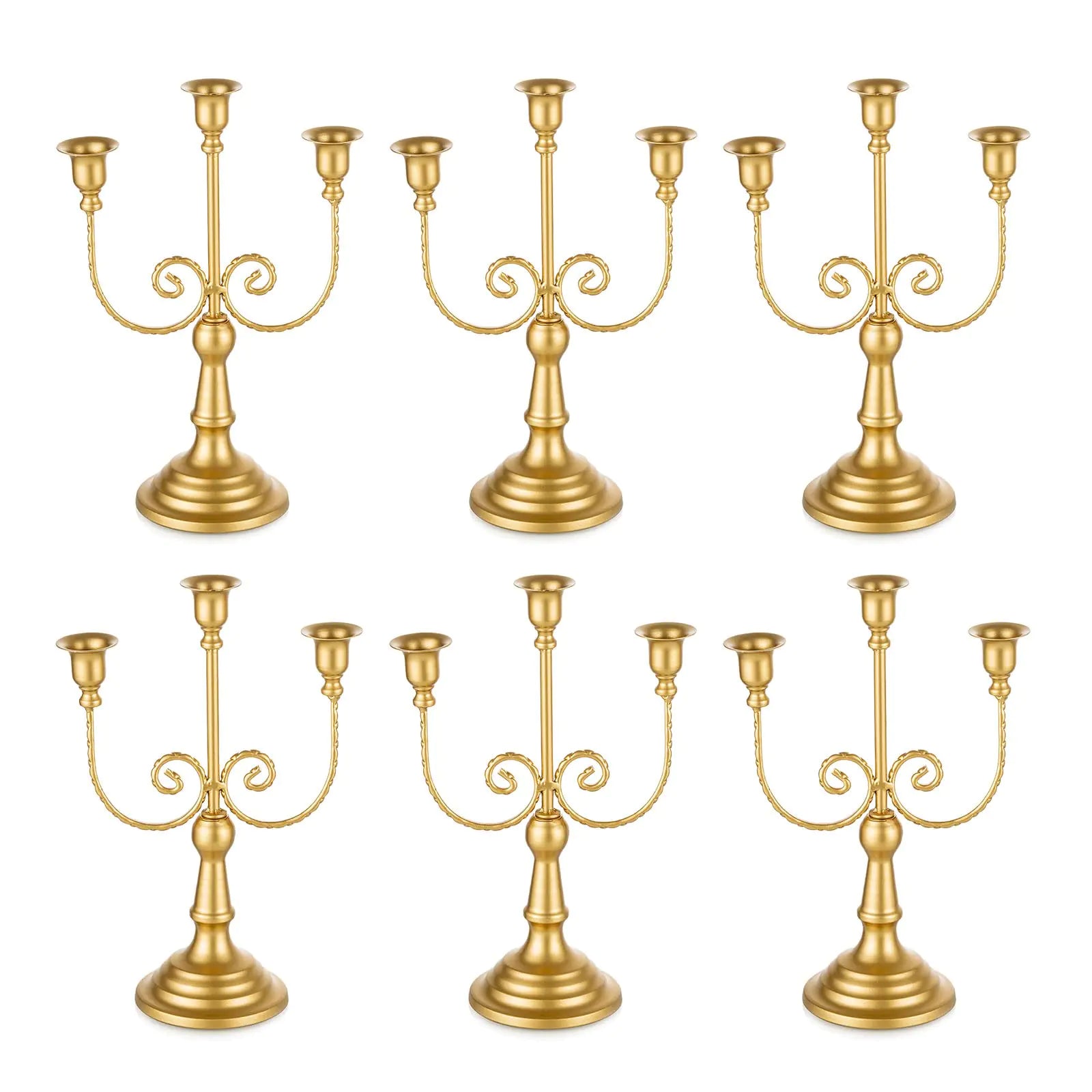 Romadedi Candelabra Gold Candle Holders - 3 Arm 11.8" Wedding Candlestick Holder for Theme Party Table Centrepiece Decor Dining Room Birthday Holiday Christmas Set of 6