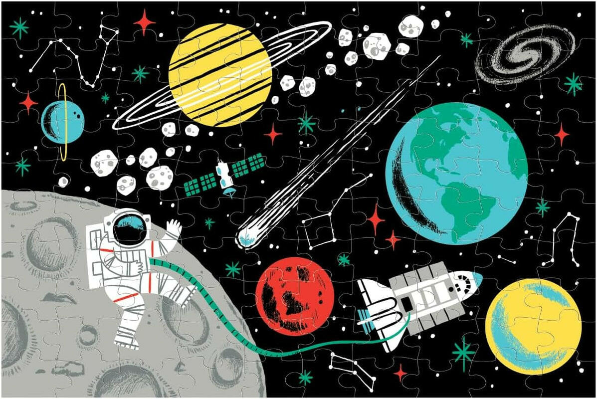 Outer Space – 100 Piece Glow in the Dark Jigsaw Puzzle with a Fun Scene of Planets and Stars and Hidden Details in the Dark.