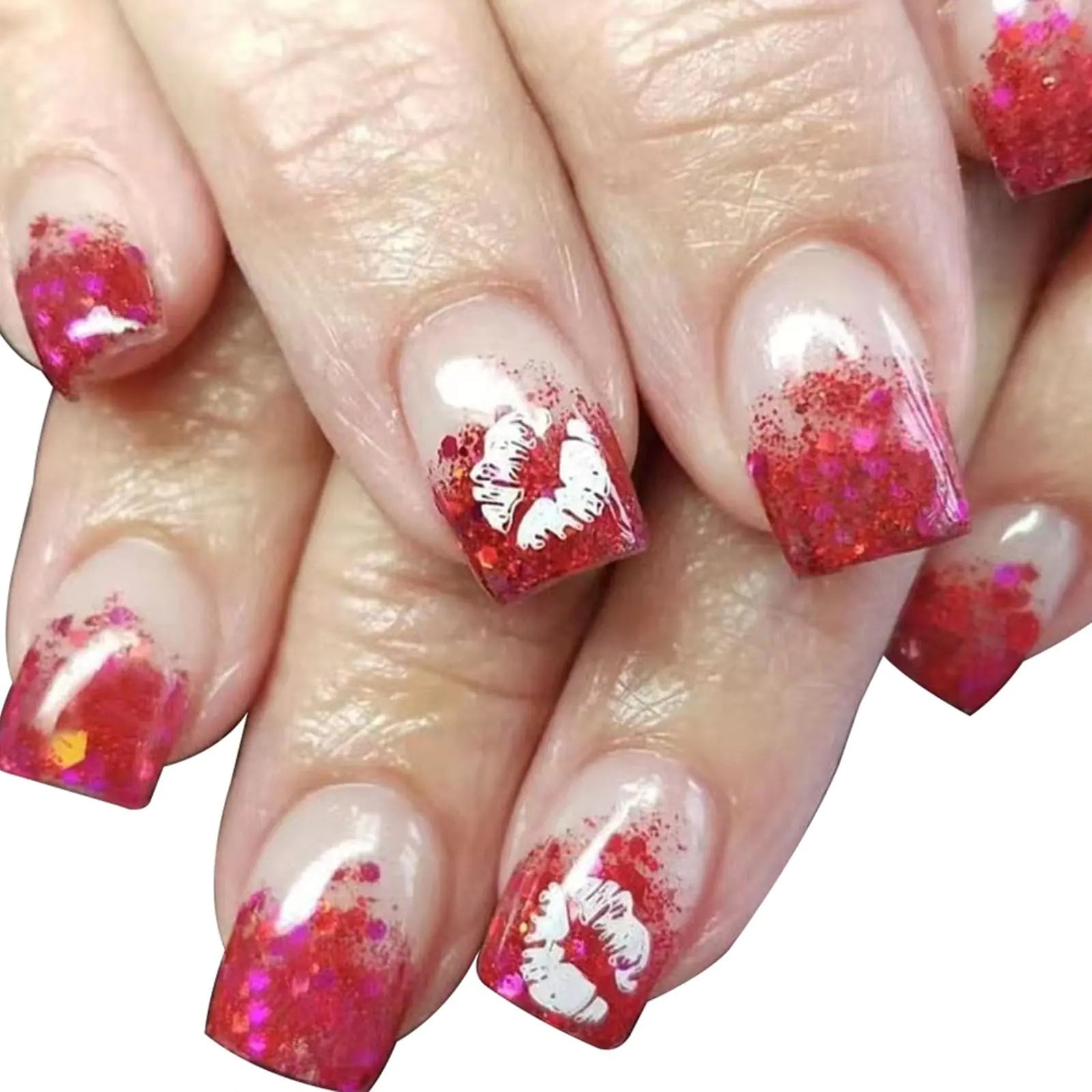 Valentines Day Press on Nails Medium Square False Nails with Red Glitter Sequins Design Lips Glue on Nails Nude Full Cover Fake Nails Press ons Glossy Valentines Stick on Nails for Women 24Pcs