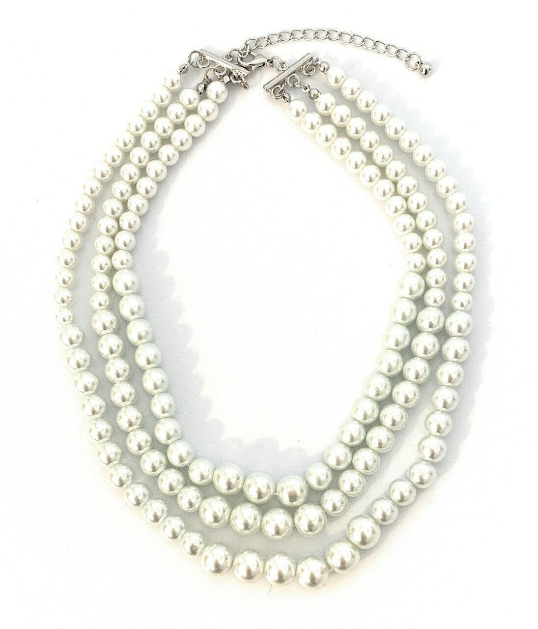 Womans Faux Pearl 3 Layer Multi Strand Gatsby Necklace Statement Bib Vintage UK.