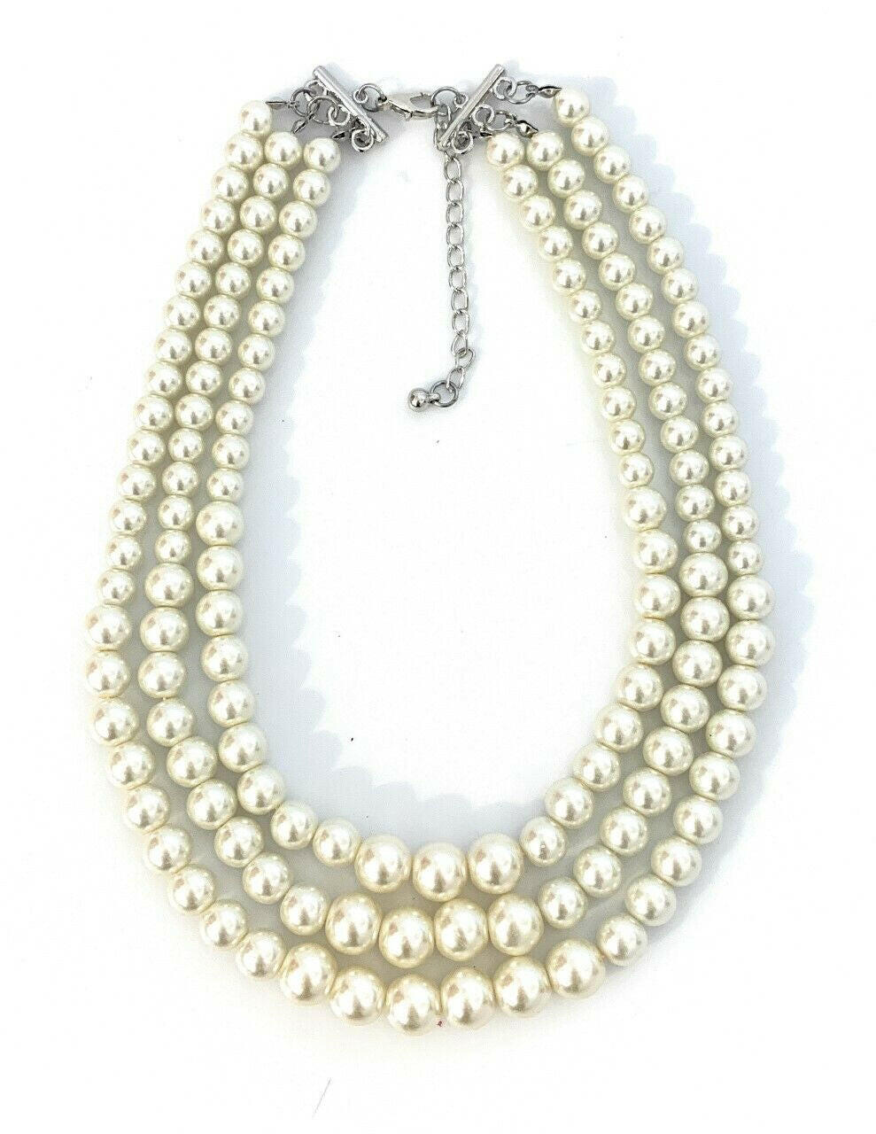 Womans Faux Pearl 3 Layer Multi Strand Gatsby Necklace Statement Bib Vintage UK.