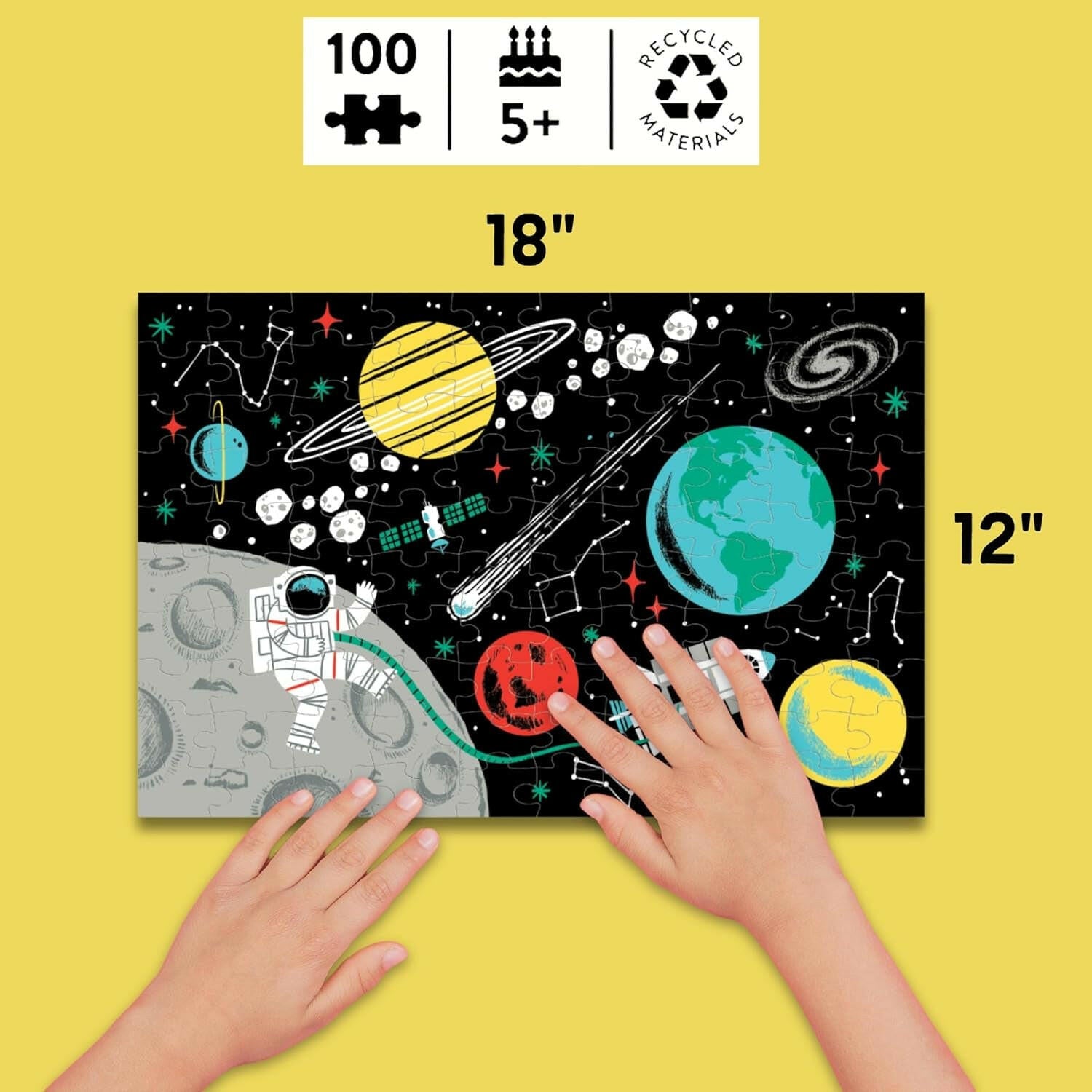 Outer Space – 100 Piece Glow in the Dark Jigsaw Puzzle with a Fun Scene of Planets and Stars and Hidden Details in the Dark.