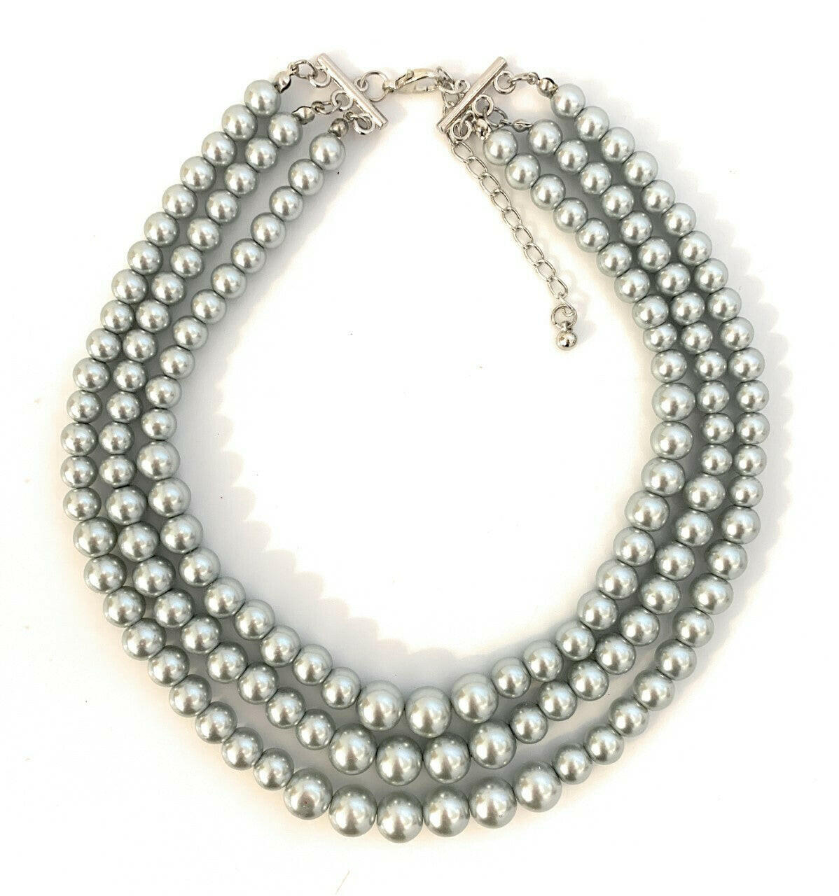 Womans Faux Pearl 3 Layer Multi Strand Gatsby Necklace Statement Bib Vintage UK.