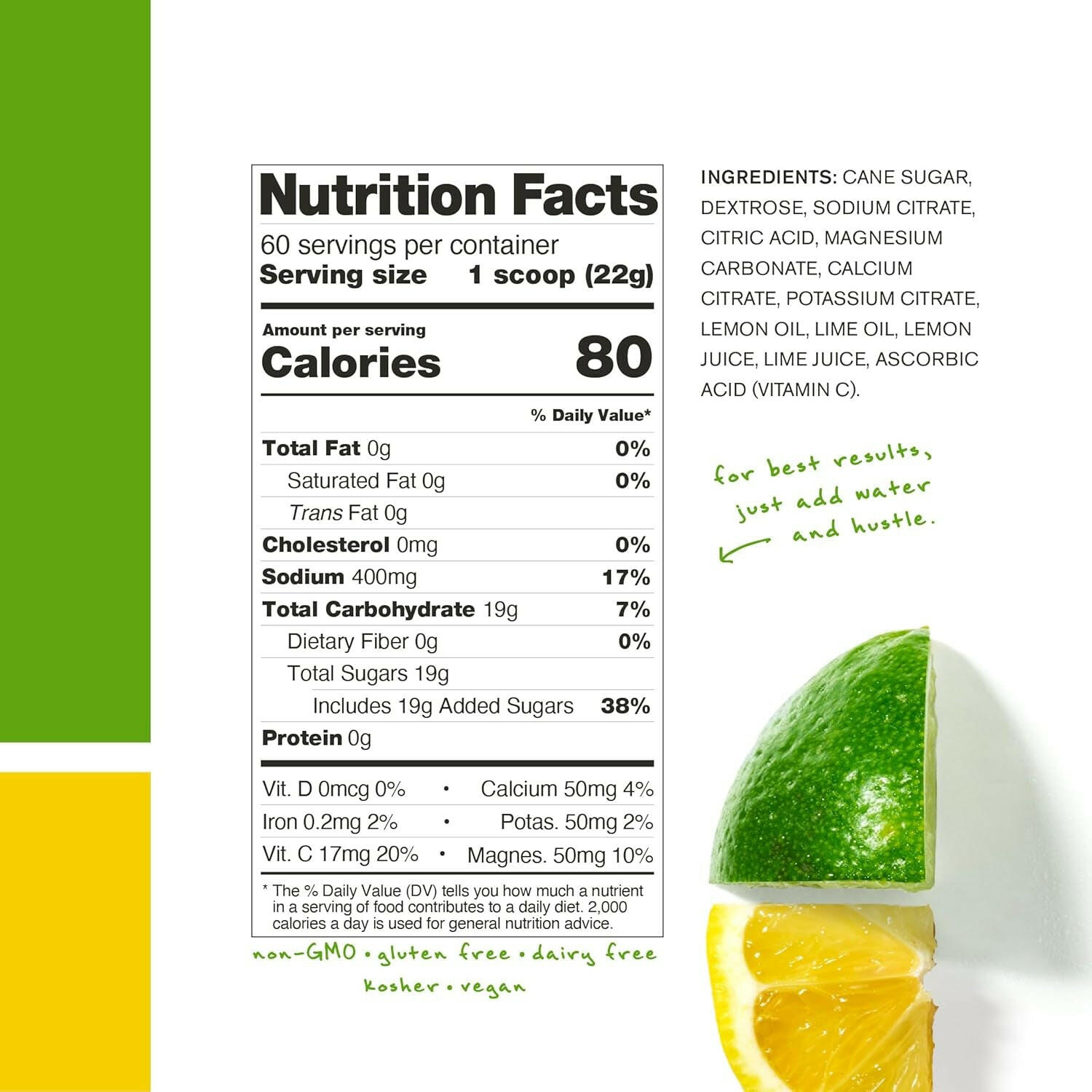 Hydration Powder | Sport Drink Mix | Electrolytes Powder for Exercise, Endurance, and Performance | Lemon + Lime | 60 Servings | Non-Gmo, Vegan, Kosher.