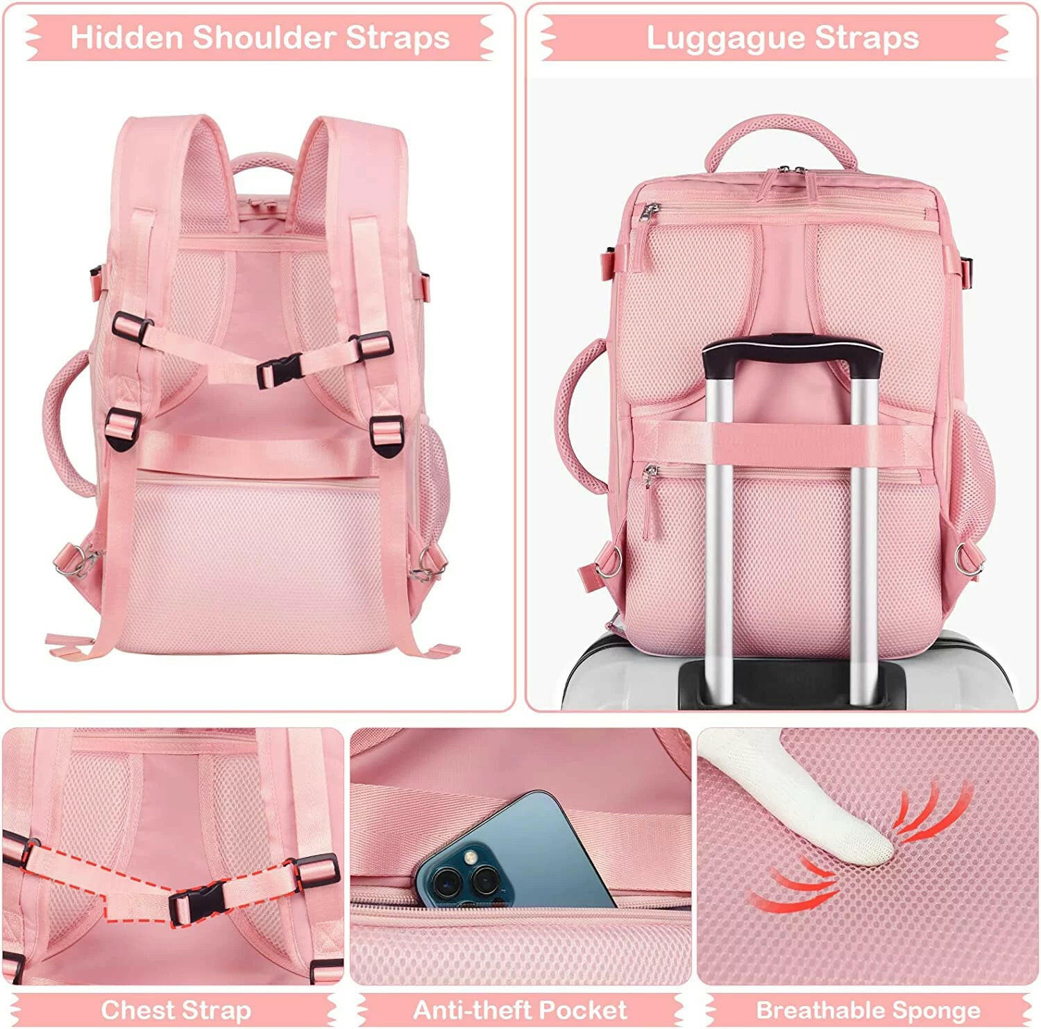 Extra Large Travel Backpack for Women,Carry on Backpack,17 Inch Laptop Backpack,Hiking Backpack,School Bag,Pink.