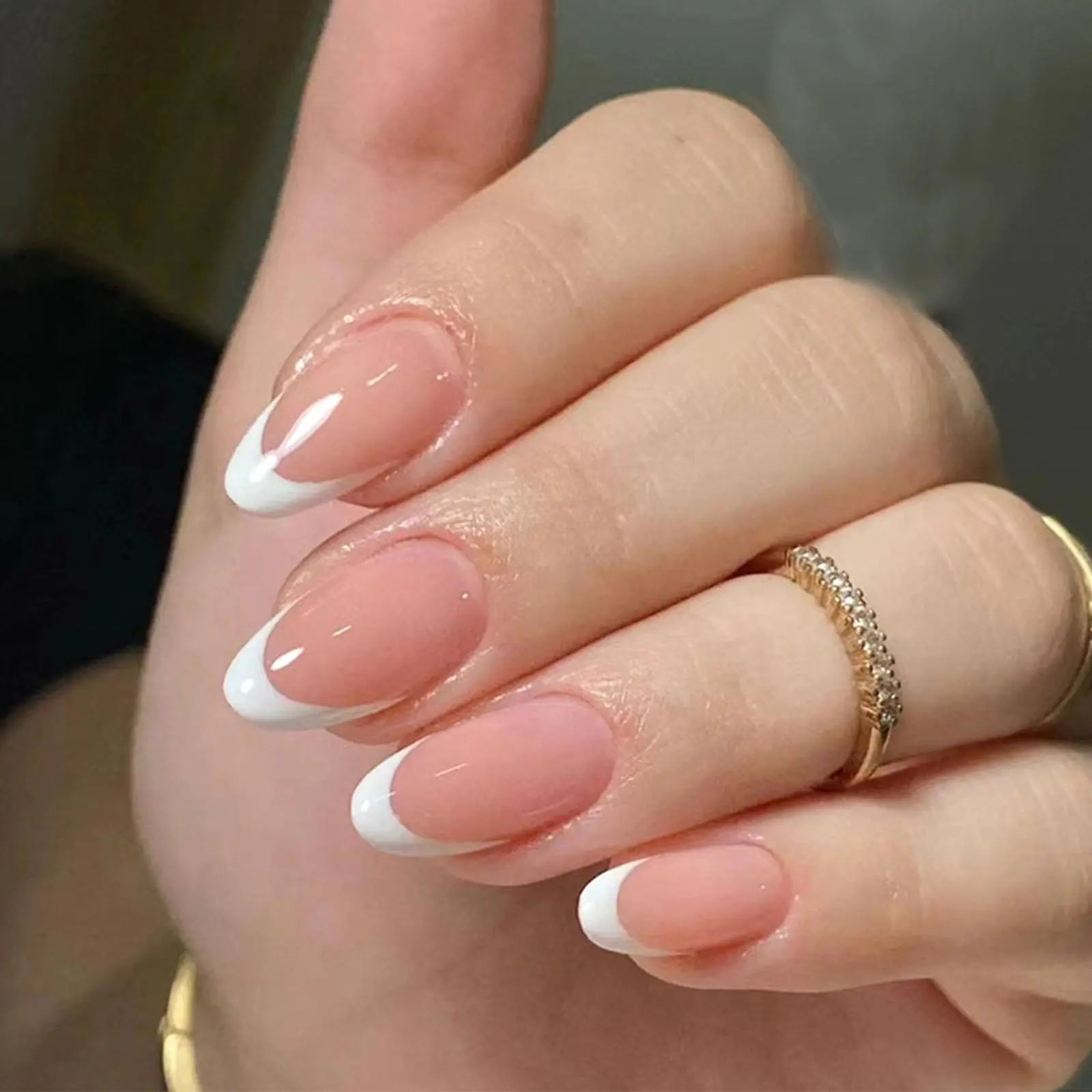 Almond Press on Nails Short White French Tip Fake Nails Press ons Blush Gradient Glue on Nails Glossy False Nails Artificial Stick on Nails for Women Girls 24Pcs