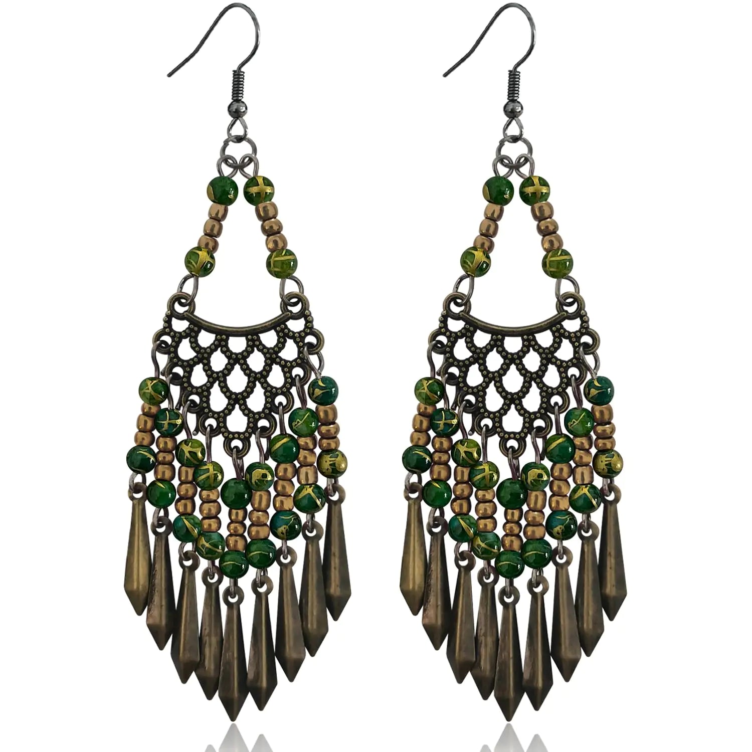 KVANU Handmade Vintage Bronze Bohemian Long Tassel Colorful Bead Dangle Drop Earrings Big Tribal Chandelier Geometry Hook Earrings for Women Statement Jewelry Gifts (Green)