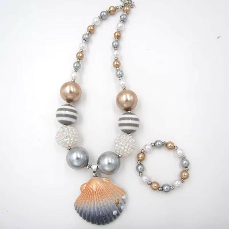 1Set/Lot NEW Child Girls Love Pink Shell Design Pendant with Chunky Bead Bubblegum Necklace Bracelet Jewelry Set for Kids Gift.