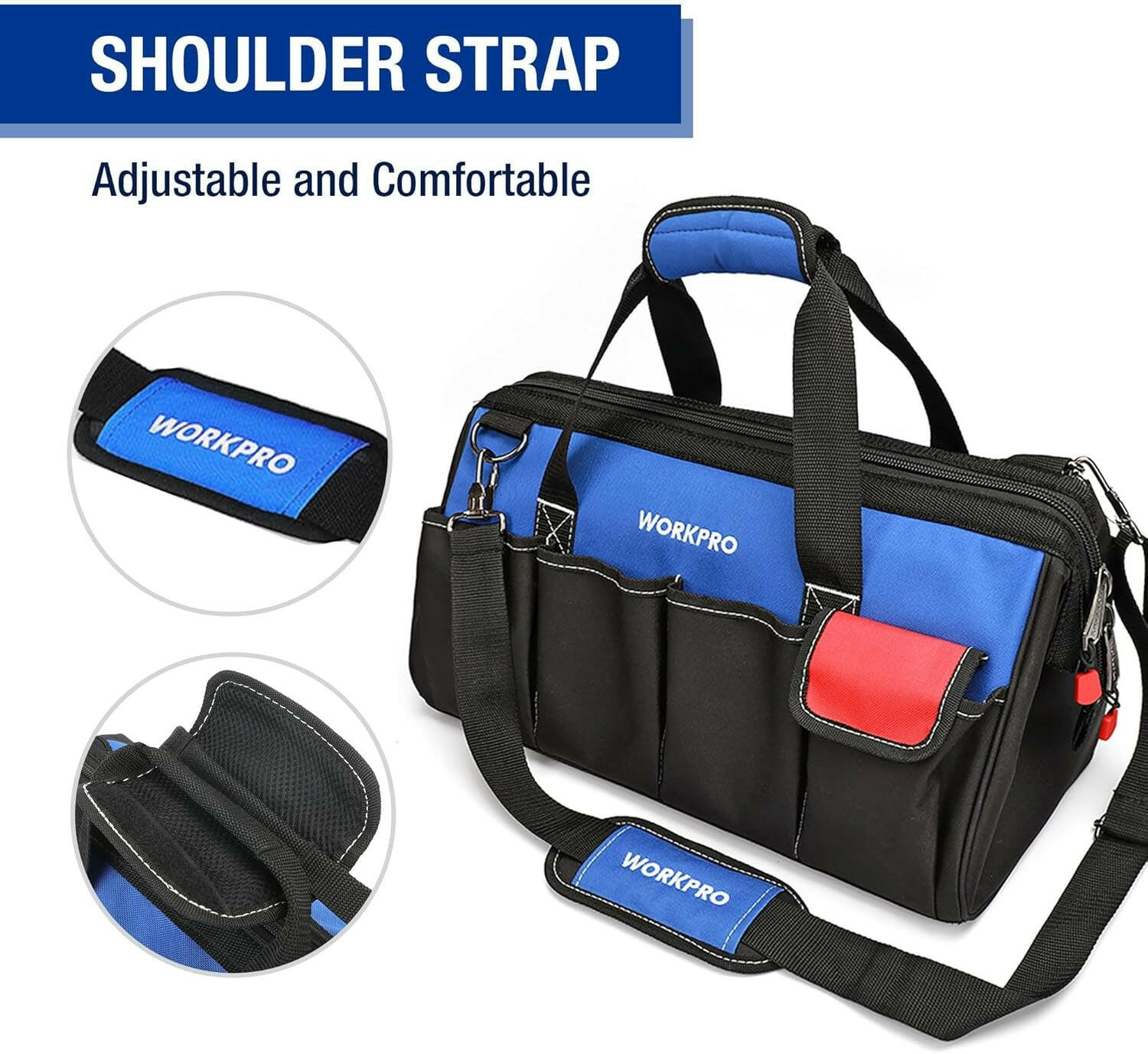18-Inch Close Top Wide Mouth Storage Tool Bag with Adjustable Shoulder Strap, Sturdy Bottom.
