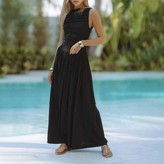 Womens Summer Sleeveless round Neck Ruffled Flowy Long Dress.