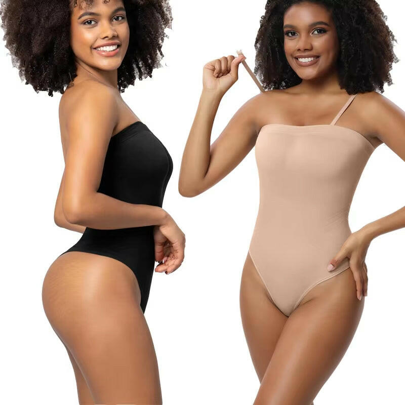Women Strapless Bodysuit Ribbed One Piece Thong Shapewear off Shoulder Tops Leotard Removable Straps Tummy Control Body Shaper.