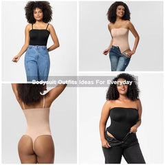 Women Strapless Bodysuit Ribbed One Piece Thong Shapewear off Shoulder Tops Leotard Removable Straps Tummy Control Body Shaper.