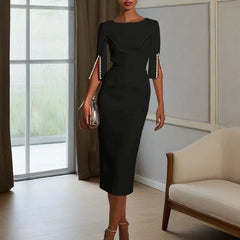Women Elegant Solid Pearl Embellished Back Zipper and Slit Sleeves round Neck Dress.