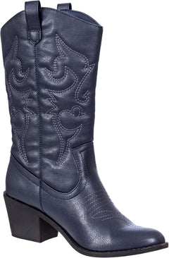 Cowboy Boots for Women Mid-Calf Boot Embroidered Stiching Western Cowgirl Boots Low Stacked Heel.