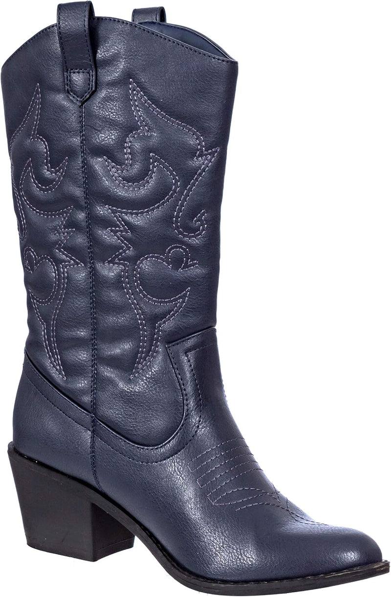 Cowboy Boots for Women Mid-Calf Boot Embroidered Stiching Western Cowgirl Boots Low Stacked Heel.