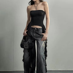 Y2K Tank Tops Asymmetrical Fringed Ruffle Top Streetwear Black Strapless Womans Summer Clothes