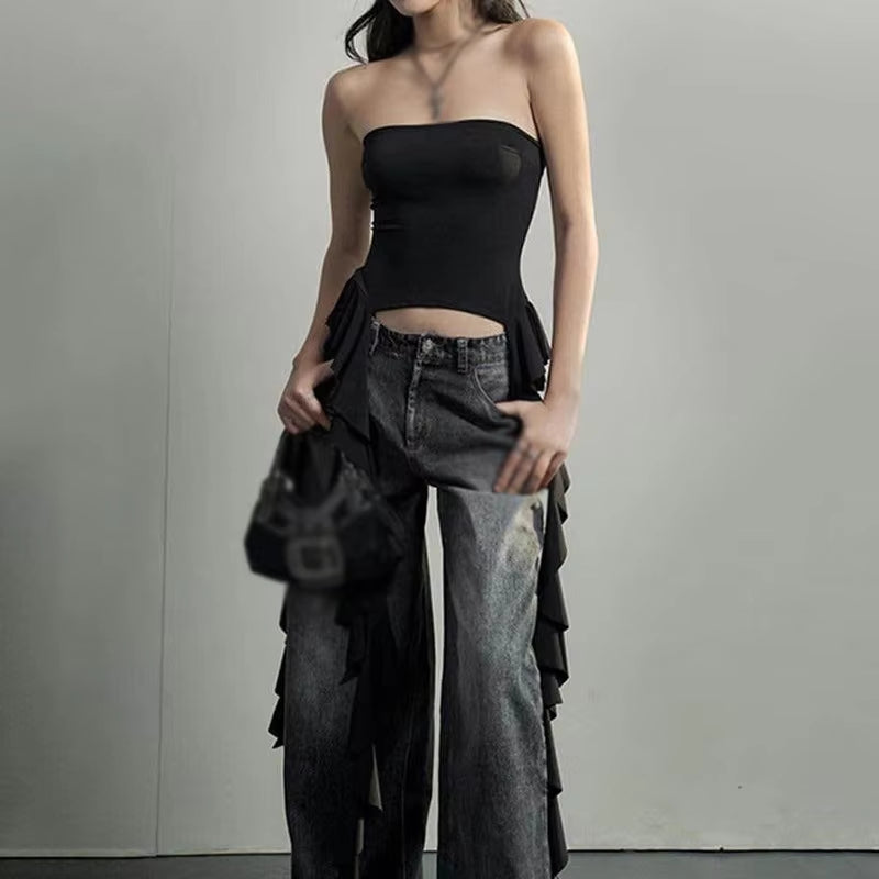 Y2K Tank Tops Asymmetrical Fringed Ruffle Top Streetwear Black Strapless Womans Summer Clothes