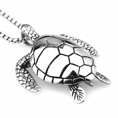 Large Silver Sea Turtle Pendant Necklace Stainless Steel Big Jewelry Men, Womans