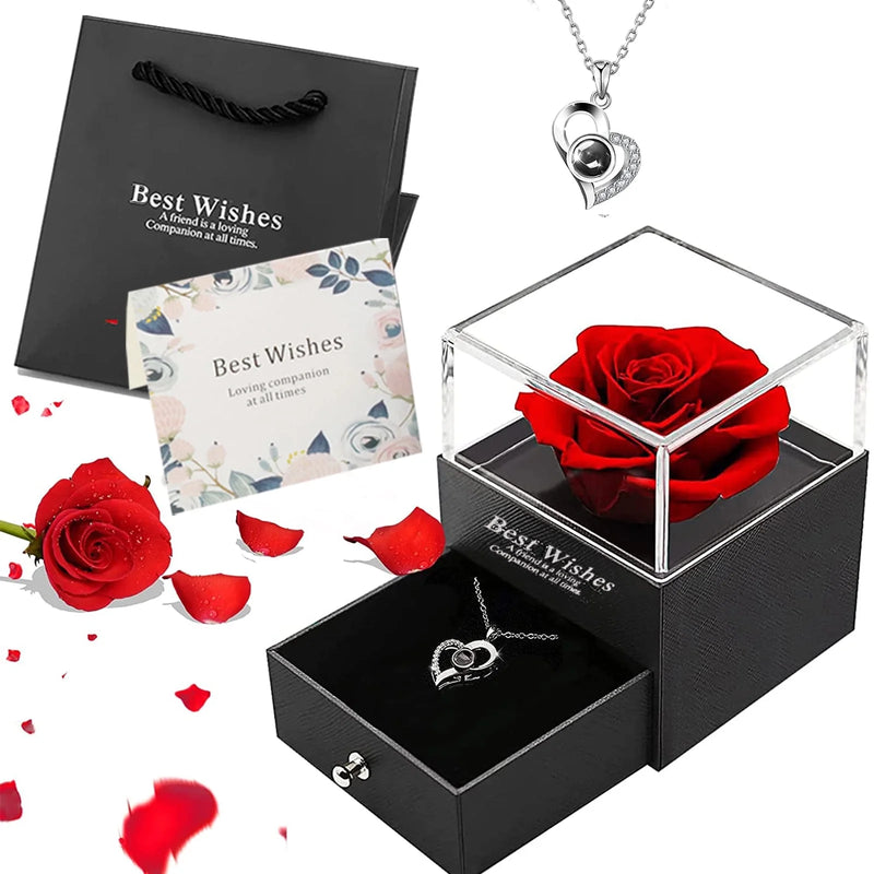 Preserved Red Real Rose with Heart I Love You Necklace，Eternal Flowers Rose Birthday Gifts for Women Her Mom Wife Girlfriend Grandma on Valentines Mothers Day Christmas Anniversary Romant.