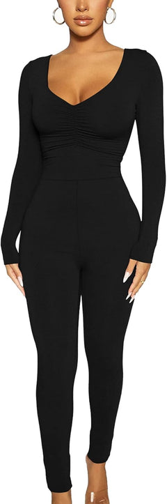 Women'S Sexy Long Sleeve Bodycon One Piece Jumpsuits Club Outfits V Neck Ruched Rompers