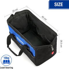 18-Inch Close Top Wide Mouth Storage Tool Bag with Adjustable Shoulder Strap, Sturdy Bottom.