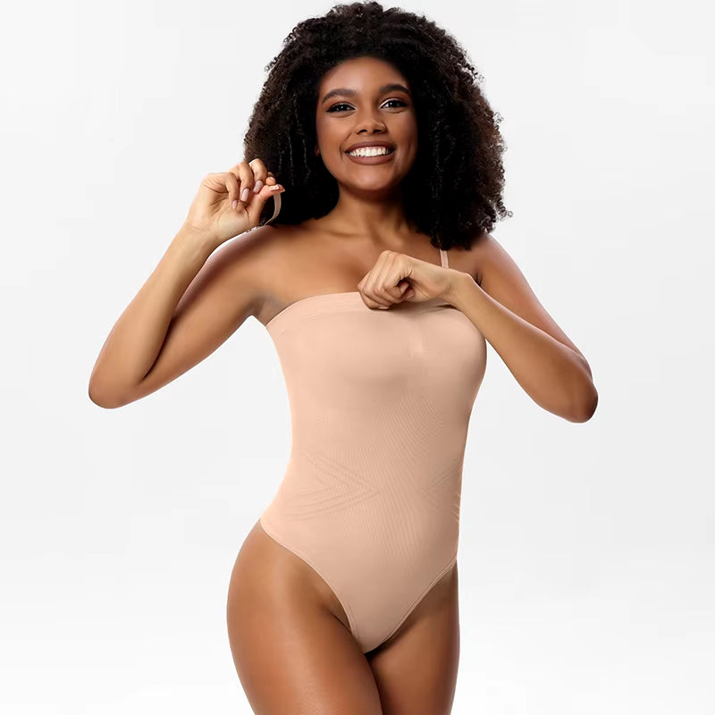 Women Strapless Bodysuit Ribbed One Piece Thong Shapewear off Shoulder Tops Leotard Removable Straps Tummy Control Body Shaper.