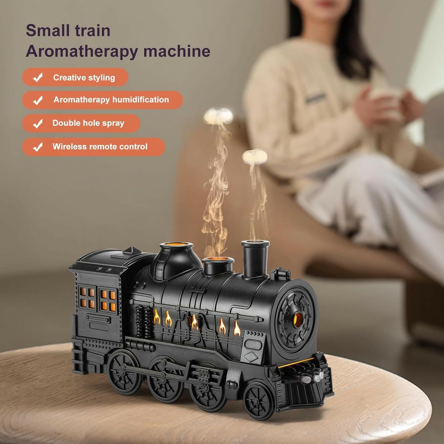 Train Diffuser 300Ml, Aromatherapy Diffuser Cool Mist Ultrasonic Aroma Train Diffuser with Remote Control 2 Light 2 Mist Mode Auto Shut-Off for Bedroom Office Hotel(Black).