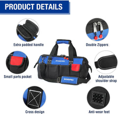 18-Inch Close Top Wide Mouth Storage Tool Bag with Adjustable Shoulder Strap, Sturdy Bottom.