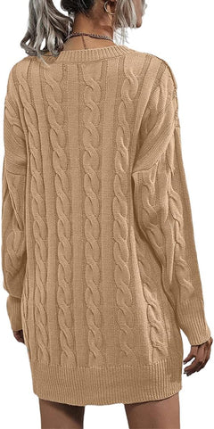 Womens Sweater Dress Crewneck Long Sleeve Cable Knitted Dress Casual Loose Knit Mini Dress Khaki.