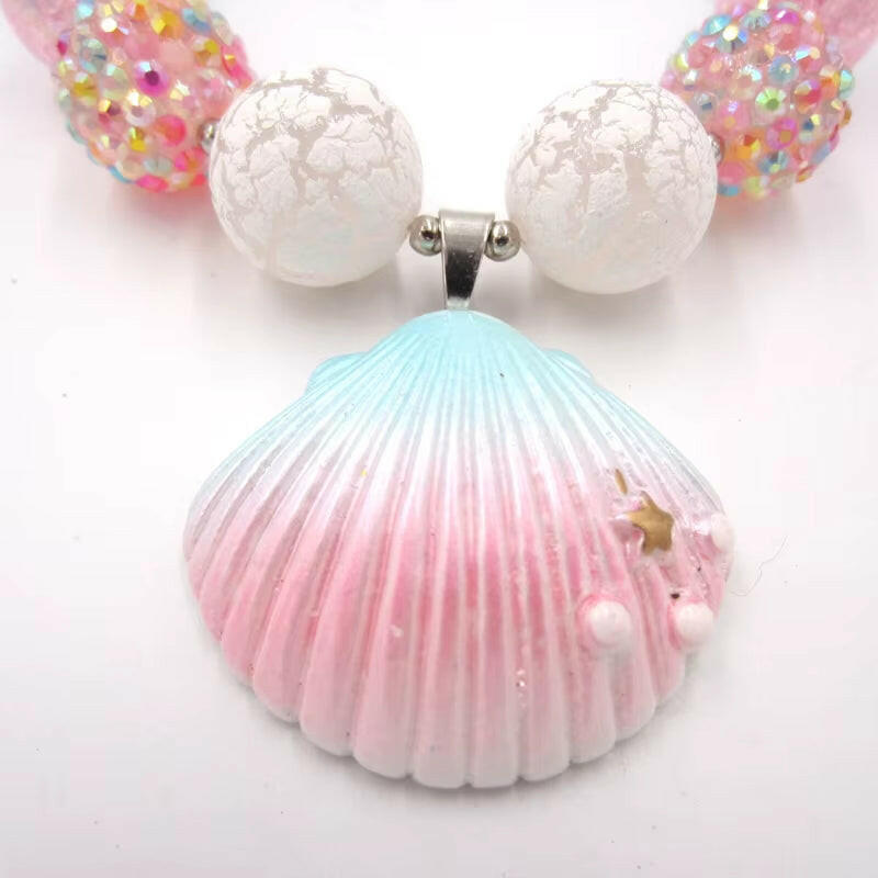 1Set/Lot NEW Child Girls Love Pink Shell Design Pendant with Chunky Bead Bubblegum Necklace Bracelet Jewelry Set for Kids Gift.