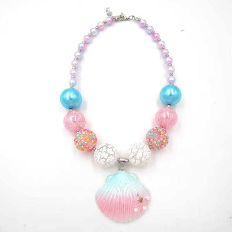 1Set/Lot NEW Child Girls Love Pink Shell Design Pendant with Chunky Bead Bubblegum Necklace Bracelet Jewelry Set for Kids Gift.