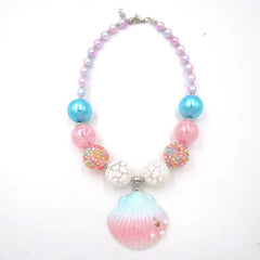 1Set/Lot NEW Child Girls Love Pink Shell Design Pendant with Chunky Bead Bubblegum Necklace Bracelet Jewelry Set for Kids Gift