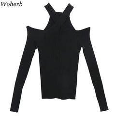 Y2K 2025 Spring Autumn Sexy Hollow Off-Shoulder Knitted Tops Solid Ladies Korean Clothes Sweater Pullovers Jumper.